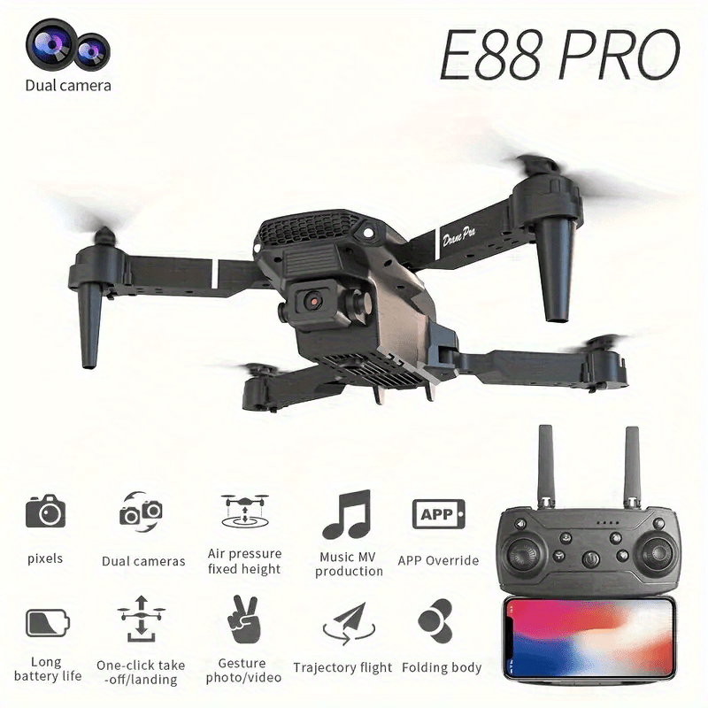 Drone E88 con cámara dual HD, batería única, regreso con una tecla, conexión WIFI, drone para fotografía aérea, altura de cuatro propulsores, control remoto, regalo de Navidad, Halloween y Acción de Gracias.