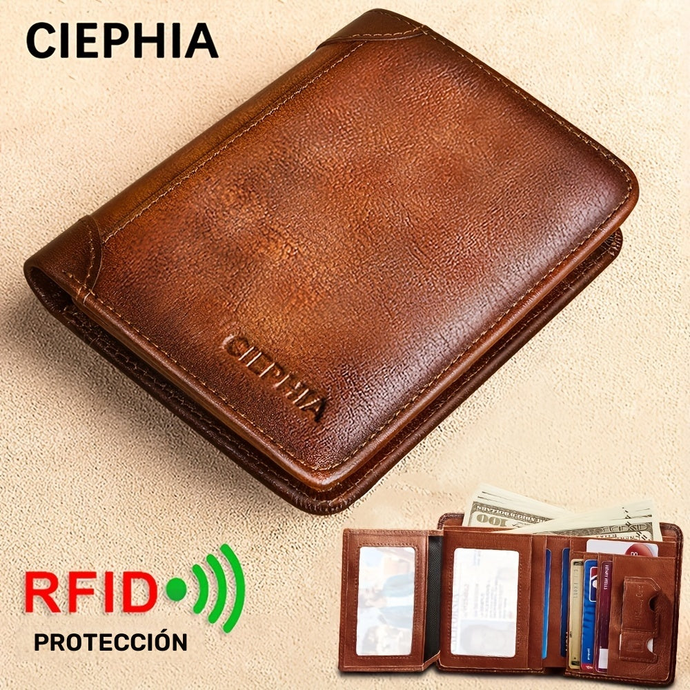 1pc Cartera CIEPHIA con Bloqueo RFID para Hombres - Billetera Vintage Minimalista de Cuero Auténtico, Diseño Compacto Bi/Doble Plegable, Ventana para Identificación, Portatarjetas Antirrobo - Regalo para Papá, Esposo o Novio (Día del Padre, San Valentín,