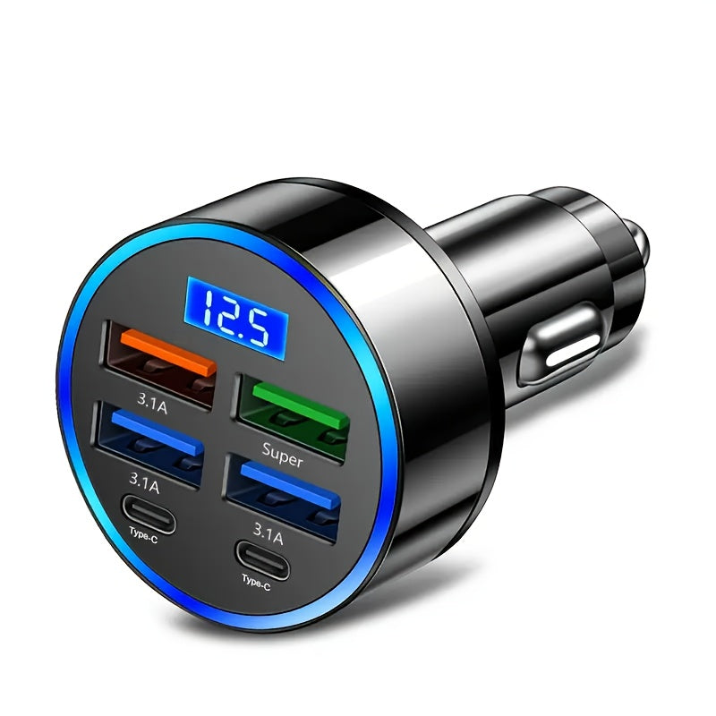 Cargador de coche de carga rápida 2 PD con 4 puertos USB y pantalla digital. Cargador de coche de carga rápida 6 en 1 con cabeza de cargador móvil de 7A. Adaptador de teléfono automático y accesorios automotrices.
