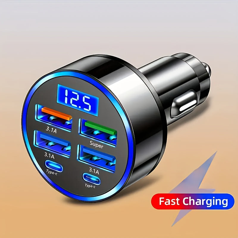 Cargador de coche de carga rápida 2 PD con 4 puertos USB y pantalla digital. Cargador de coche de carga rápida 6 en 1 con cabeza de cargador móvil de 7A. Adaptador de teléfono automático y accesorios automotrices.